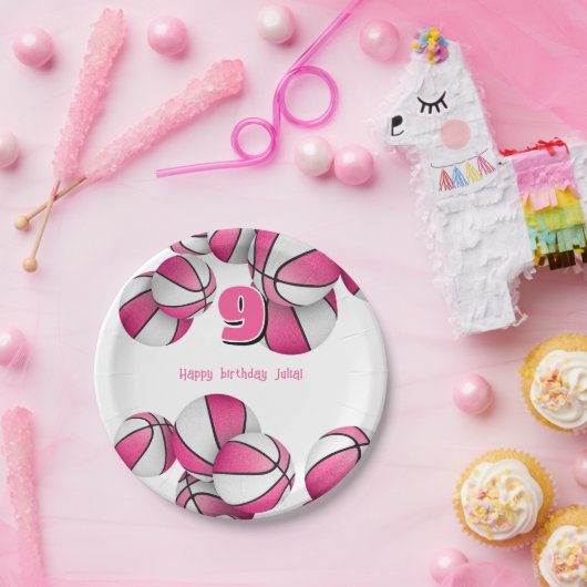Roze Witte Basketballen Meisjes Verjaardagsfeest Papieren Bordje (Feest)