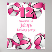 Roze Witte Basketballen Meisjes Verjaardagsfeest Poster (Voorkant)