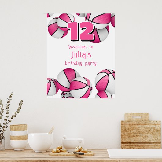 Roze Witte Basketballen Meisjes Verjaardagsfeest Poster (Keuken)
