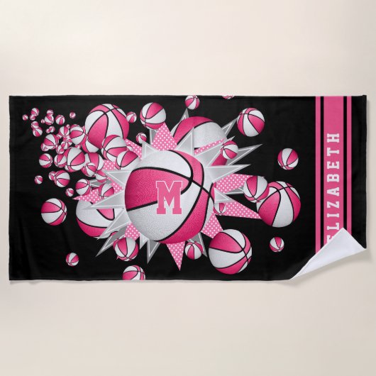 Roze witte basketballen sterren haar naam monogram strandlaken (Voorkant)