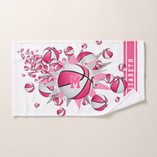 roze witte basketballen sterren meisjes monogram handdoek (Handdoek)