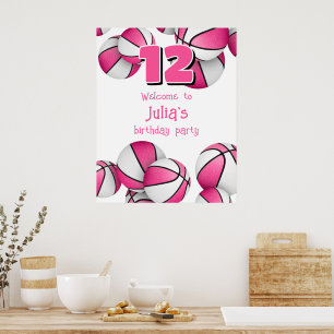 roze witte basketbals meisjes verjaardagsfeestje poster