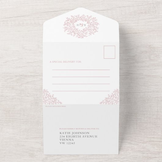 Roze witte bladeren fotomaaltijd RSVP QR bruiloft All In One Uitnodiging (Buitenkant)