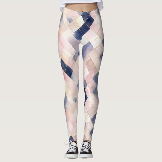 Roze witte blauwe vierkanten leggings (Voorkant)
