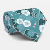 Roze witte Blauwgroen Floral Japans Sakura Pattern Stropdas (Opgerold)