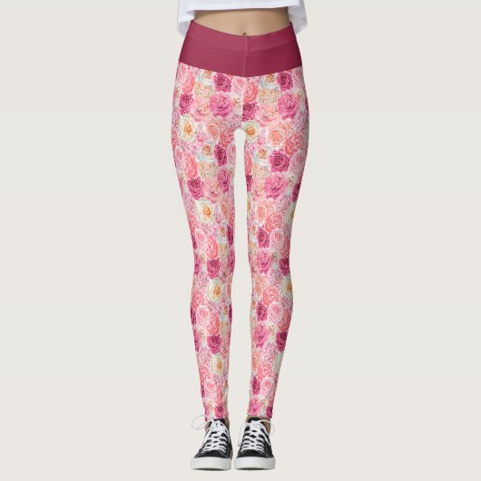 Roze witte bleekroze magenta Floral Flowers Girly Leggings (Voorkant)