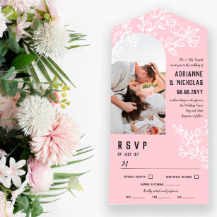 Roze witte bloeiende bijkantoren Foto bruiloft All In One Uitnodiging