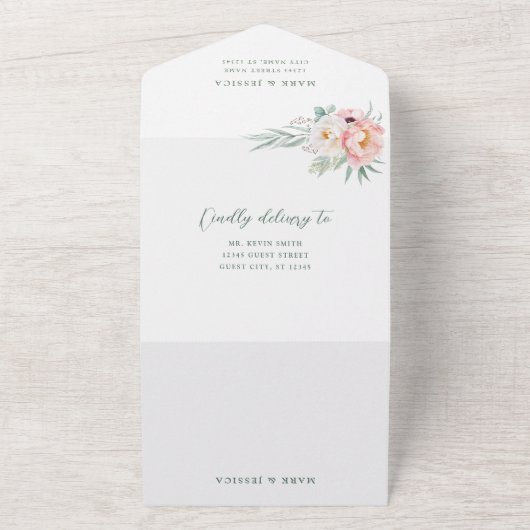 Roze witte bloem bruiloft uitnodiging (Buitenkant)