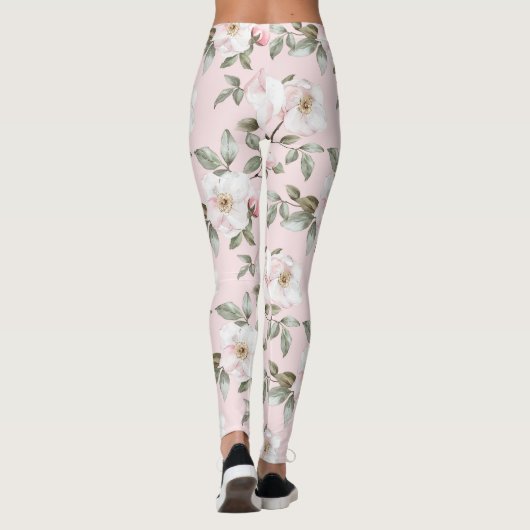  roze witte bloem leggings (Achterkant)