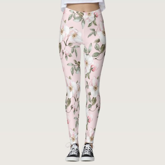  roze witte bloem leggings (Voorkant)