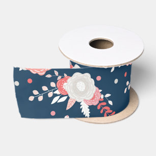 Roze Witte Bloem Navy Blauwe Satijnen Lint