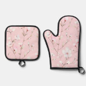 roze witte bloem ovenwant & pannenlap set (Voorkant)