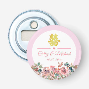 roze witte bloemboog chinese trouw double xi button flesopener