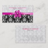 Roze & witte bloemdamast met roze strik visitekaartje (Voorkant / Achterkant)