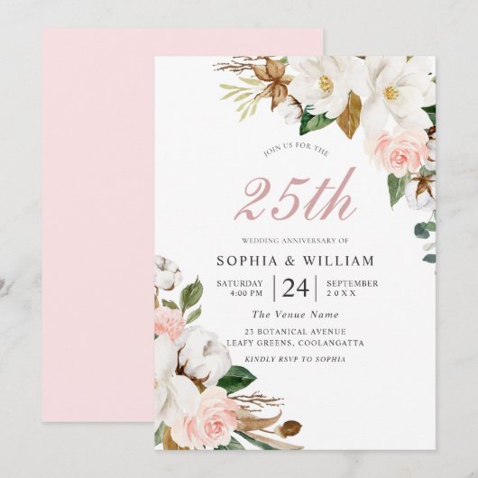 Roze & Witte Bloemen 25e Huwelijksverjaardag Kaart (Voorkant / Achterkant)