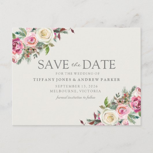 Roze Witte Bloemen Bewaar De Datum Briefkaart (Voorkant)