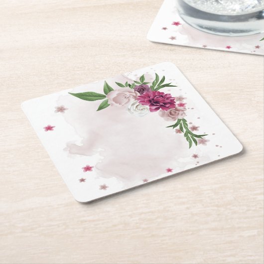 roze witte bloemen botanisch vierkant kartonnen onderzetters (Schuin)