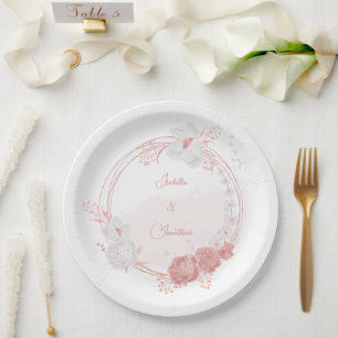 roze & witte bloemen botanische bruiloft papieren bordje