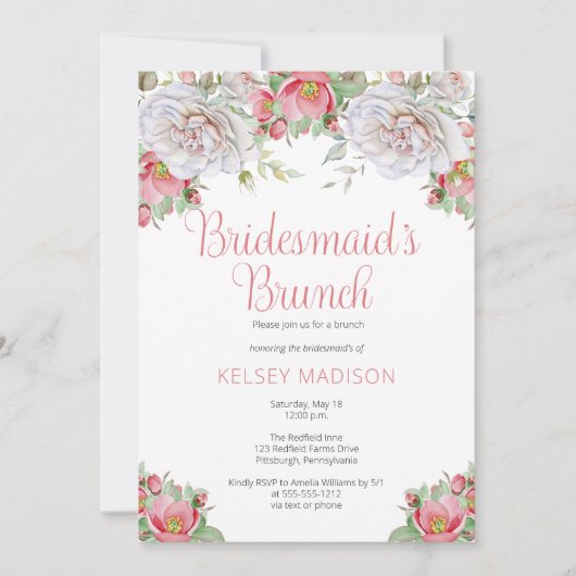 Roze witte bloemen Bridesmaid's Brunch Kaart (Voorkant)