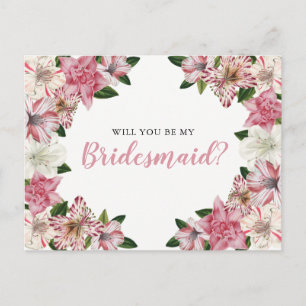 Roze Witte Bloemen Bruidsmeisje Aanvraag Uitnodiging Briefkaart