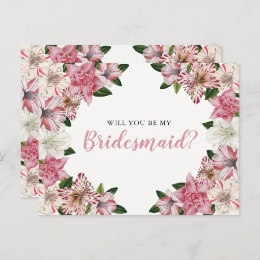 Roze | Witte Bloemen Bruidsmeisje Aanvraag Uitnodiging Briefkaart (Voorkant / Achterkant)