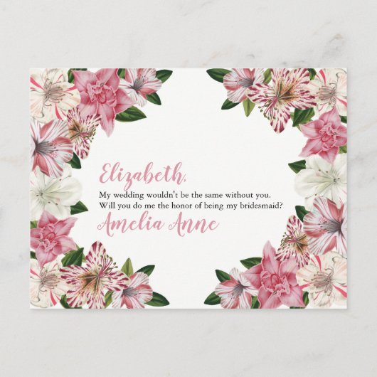 Roze | Witte Bloemen Bruidsmeisje Aanvraag Uitnodiging Briefkaart (Achterkant)