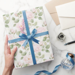 Roze Witte Bloemen Bruiloft Feest Cadeaupapier