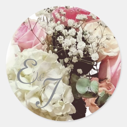 Roze & Witte Bloemen bruiloft Ronde Sticker (Voorkant)