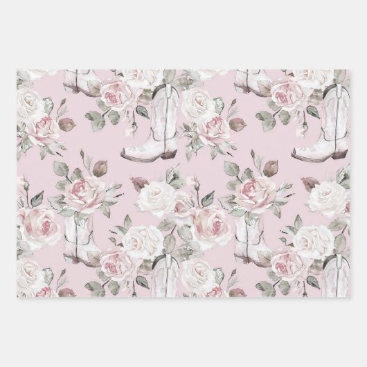 Roze Witte Bloemen Cowgirl Laarzen Verjaardag Inpakpapier Vel (Voorkant)
