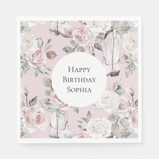 Roze Witte Bloemen Cowgirl Laarzen Verjaardag Servet (Voorkant)