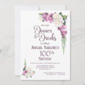Roze Witte Bloemen Diner en Drinken 100e Verjaarda Kaart (Voorkant)