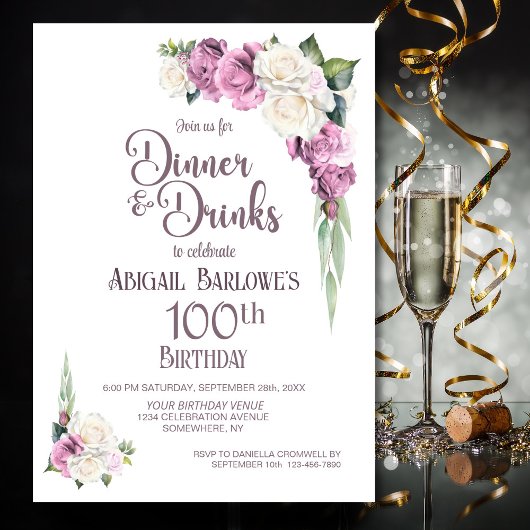Roze Witte Bloemen Diner en Drinken 100e Verjaarda Kaart