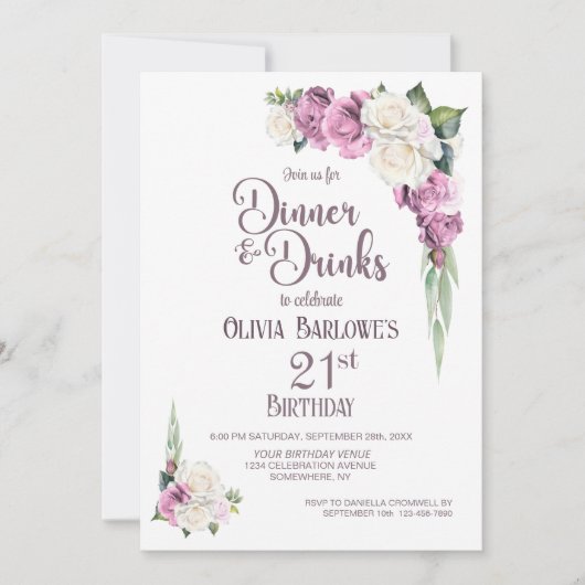 Roze Witte Bloemen Diner en Drinken 21ste Verjaard Kaart (Voorkant)
