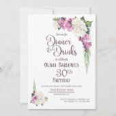 Roze Witte Bloemen Diner en Drinken 30ste Verjaard Kaart (Voorkant)