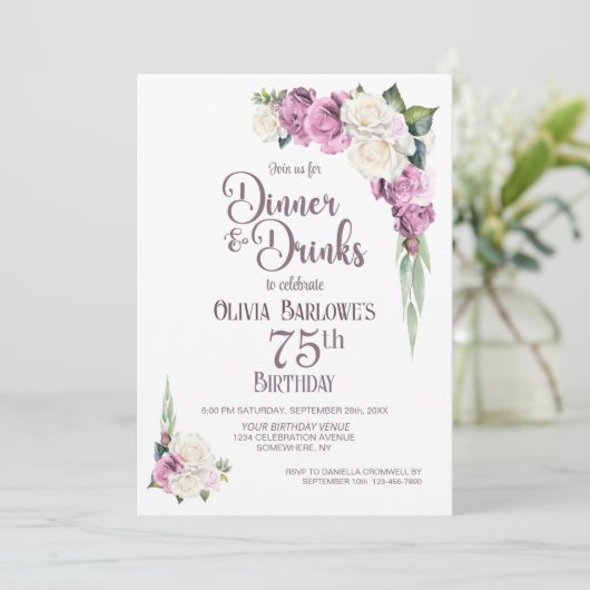 Roze Witte Bloemen Diner en Drinken 75ste Verjaard Kaart (Staand voorkant)