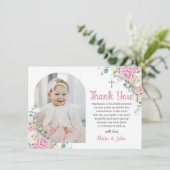 Roze Witte Bloemen Doopsel Doopboog Foto Bedankkaart (Staand voorkant)