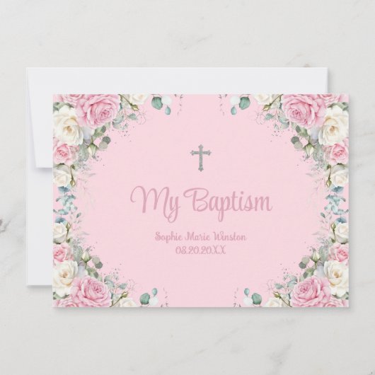Roze Witte Bloemen Doopsel Doopboog Foto Bedankkaart (Achterkant)