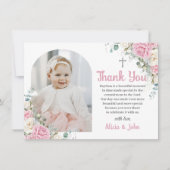 Roze Witte Bloemen Doopsel Doopboog Foto Bedankkaart (Voorkant)