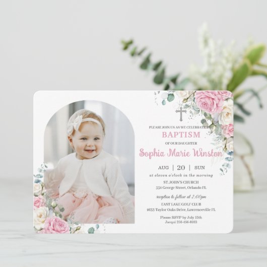 Roze Witte Bloemen Doopsel Doopboog Foto Kaart (Staand voorkant)