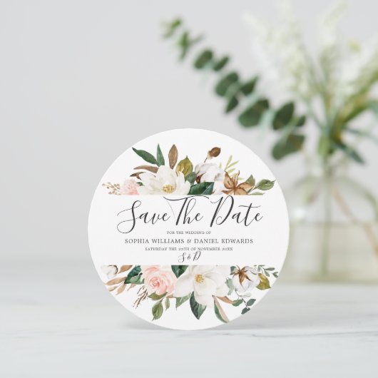 Roze & Witte Bloemen Elegante Moderne Trouwdag Save The Date (Staand voorkant)