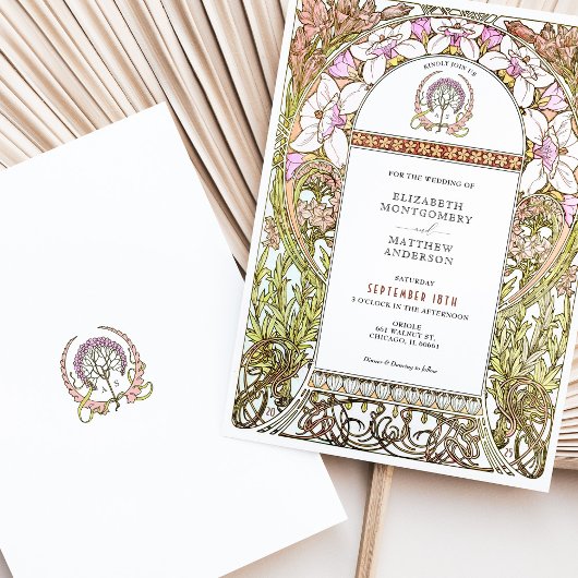 Roze & Witte Bloemen Elegantie Art Nouveau Huwelij Kaart