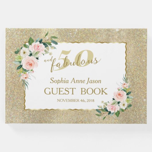 Roze Witte Bloemen Goud 50 en Fabelverjaardag Gastenboek (Voorkant)