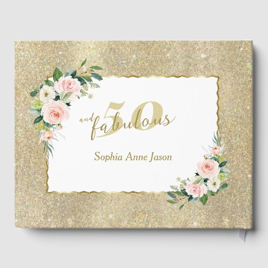 Roze Witte Bloemen Goud 50 en Fabulous Verjaardag Gastenboek (Achterkant)