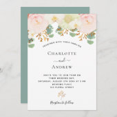 Roze witte bloemen goud groen bruiloft kaart (Voorkant / Achterkant)