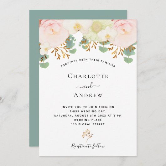 Roze witte bloemen goud groen bruiloft kaart (Voorkant / Achterkant)