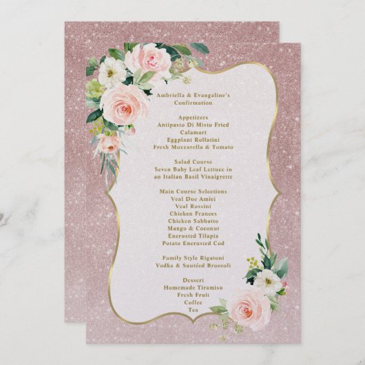 Roze Witte Bloemen Goud Meisje Communie Menu Kaart (Voorkant / Achterkant)
