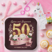 Roze Witte Bloemen Gouden 50ste bruiloft Jubileum Papieren Bordje (Feest)