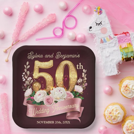 Roze Witte Bloemen Gouden 50ste bruiloft Jubileum Papieren Bordje (Feest)