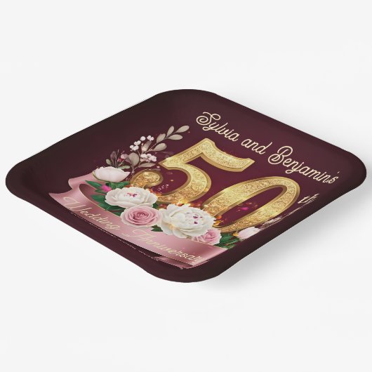 Roze Witte Bloemen Gouden 50ste bruiloft Jubileum Papieren Bordje (Gebogen)