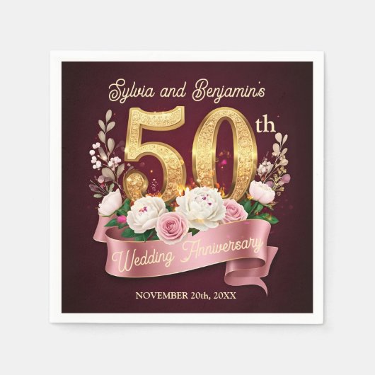 Roze Witte Bloemen Gouden 50ste bruiloft Jubileum Servet (Voorkant)